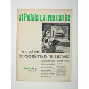 Vintage Potlatch Pres-To-Logs Fireplace Fuel Ad Print 1960s  Child Dog